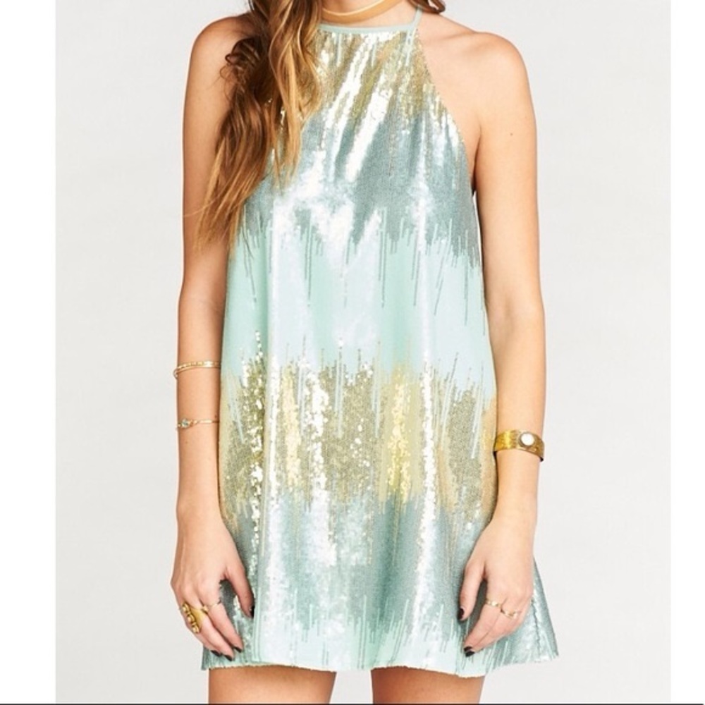 Show Me Your Mumu Aqua Shift Dress with Gold Sequin Detail BRAND NEW
